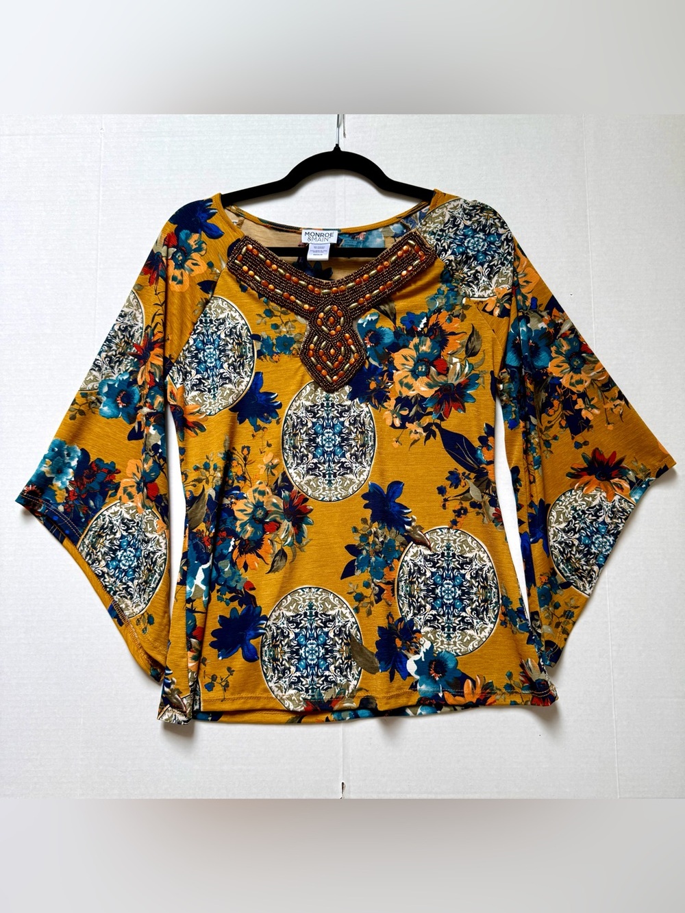 BEADED BLOUSE MUSTARD GOLD FLORAL MEDALLION TOP BEAD COLLAR FLARE SLEEVES MEDIUM